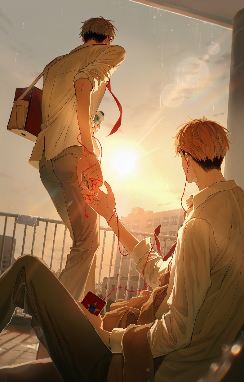 2boys, bag, blonde_hair, brothers, cellphone, collared_shirt, commentary_request, grey_hair
