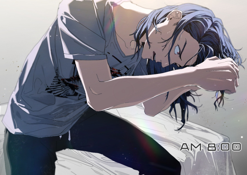 1boy, black_hair, black_pants, brown_eyes, collarbone, commentary_request, grey_shirt, hand_in_own_hair