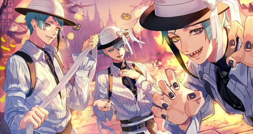 3boys, azul_ashengrotto, azul_ashengrotto_(halloween), blue_eyes, blue_hair, claw_pose, coat, commentary_request