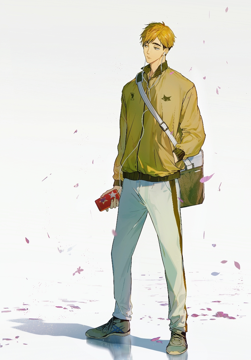 1boy, bag, blonde_hair, cellphone, closed_mouth, commentary_request, duffel_bag, earphones