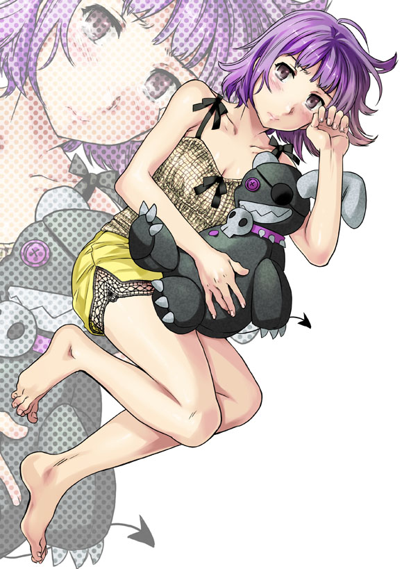 bangs, bare_legs, bare_shoulders, barefoot, blush, brown_eyes, camisole, character_request