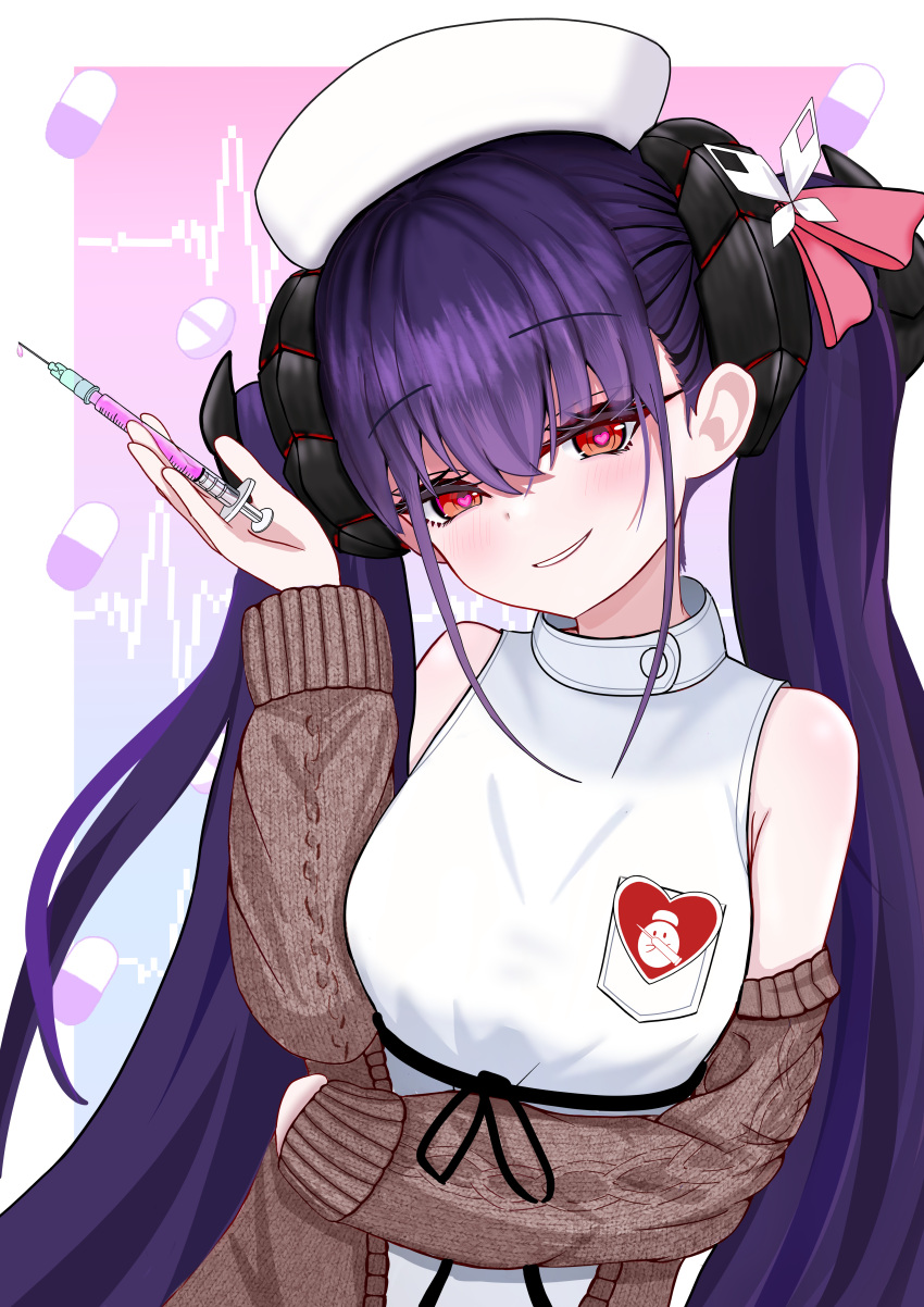 1girl, absurdres, azur_lane, black_horns, brown_sweater, commentary_request, cosplay, curled_horns