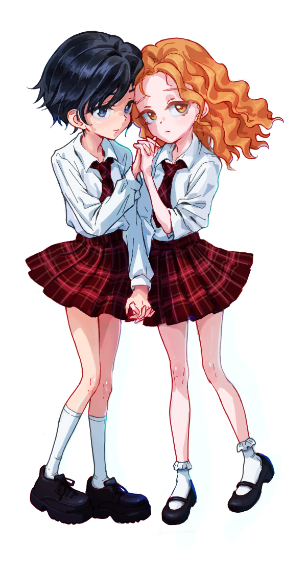 200_km/h_in_the_wrong_lane, 2girls, all_the_things_she_said, animification, bilingual_commentary, black_hair, black_shoes, blue_eyes