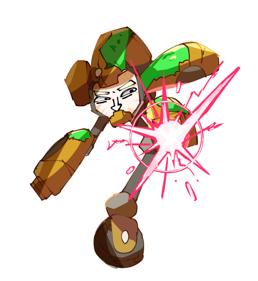 ancient_robot_(miitopia), arm_cannon, commentary_request, energy, full_body, miitopia, moss, non-humanoid_robot, rikka_natsu_27, robot, simple_background, solo, thick_eyebrows, weapon, white_background