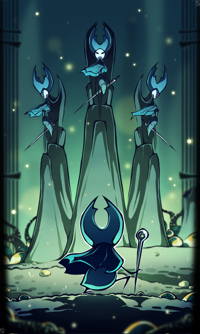 arthropod_girl, cloak, from_behind, grey_cloak, highres, holding, holding_weapon, hollow_eyes