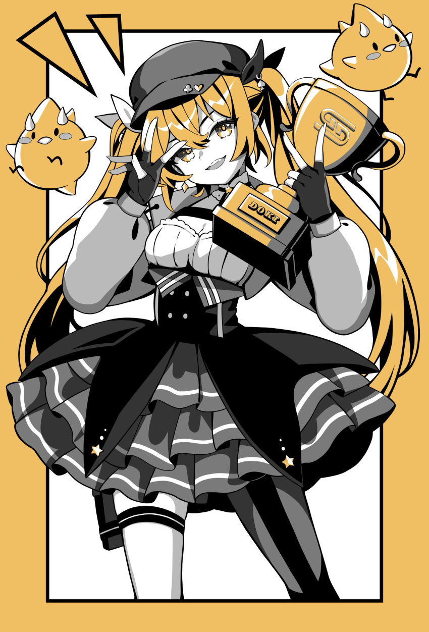 1girl, bird, blonde_hair, choker, dokibird, dokibird_(retro_doki), fingerless_gloves, gloves
