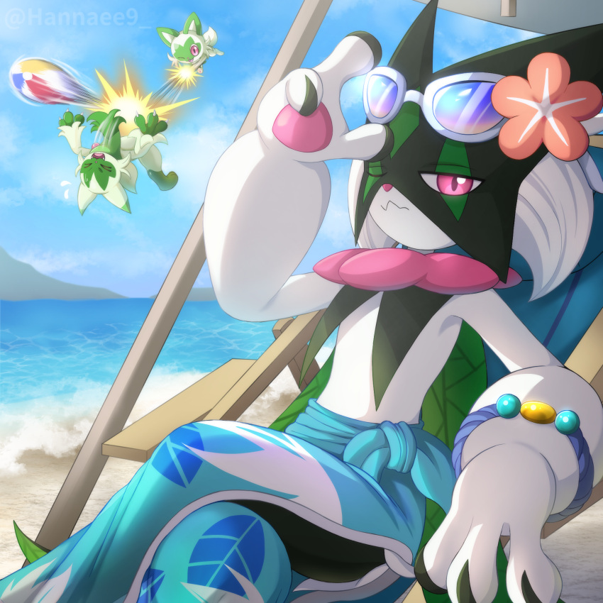 ball, beach, beachball, chair, clothed_pokemon, commentary_request, crossed_legs, day, deck_chair, evolutionary_line, eyewear_on_head, floragato, folding_chair, hannaee9, highres, looking_at_viewer, meowscarada, ocean, one_eye_closed, outdoors, pokemon, pokemon_(creature), pokemon_focus, red_eyes, sarong, sitting, spiking, sprigatito, sunglasses