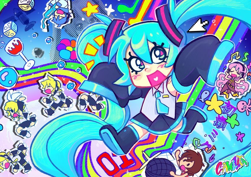 2boys, 4girls, absurdres, alcohol, aqua_eyes, aqua_hair, artist_name, blush_stickers