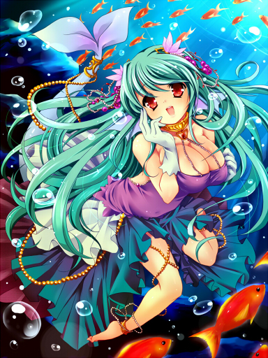 barefoot, breasts, bubble, cleavage, dress, fish, gloves, goldfish, green_hair, hair_ornament, hand_on_own_face, hand_to_face, jewelry, large_breasts, long_hair, menokonome, mermaid, monster_girl, original, red_eyes, smile, submerged, water, white_gloves