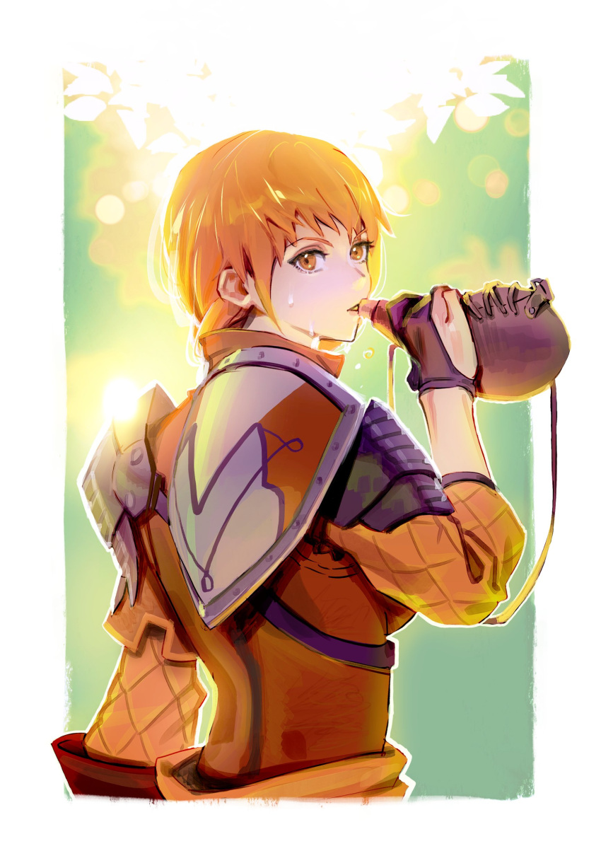 1girl, absurdres, armor, border, breasts, charleston, drinking, fire_emblem