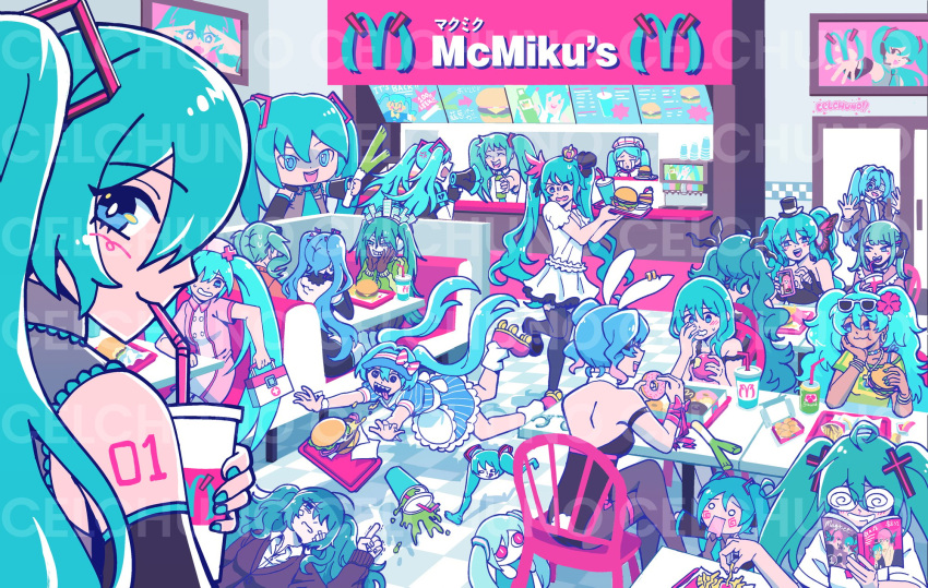 6+girls, alternate_costume, brazilian_miku, confessions_of_a_rotten_girl_(vocaloid), food, hachune_miku, hatsune_miku, highres