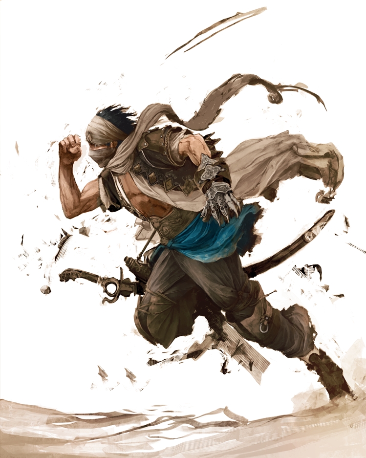 alternate_costume, black_hair, gauntlets, head_scarf, male, muscle, official_art, prince_(2008), prince_of_persia, prince_of_persia_(2008), running, scabbard, scarf, sheath, sheathed, solo, sword, weapon