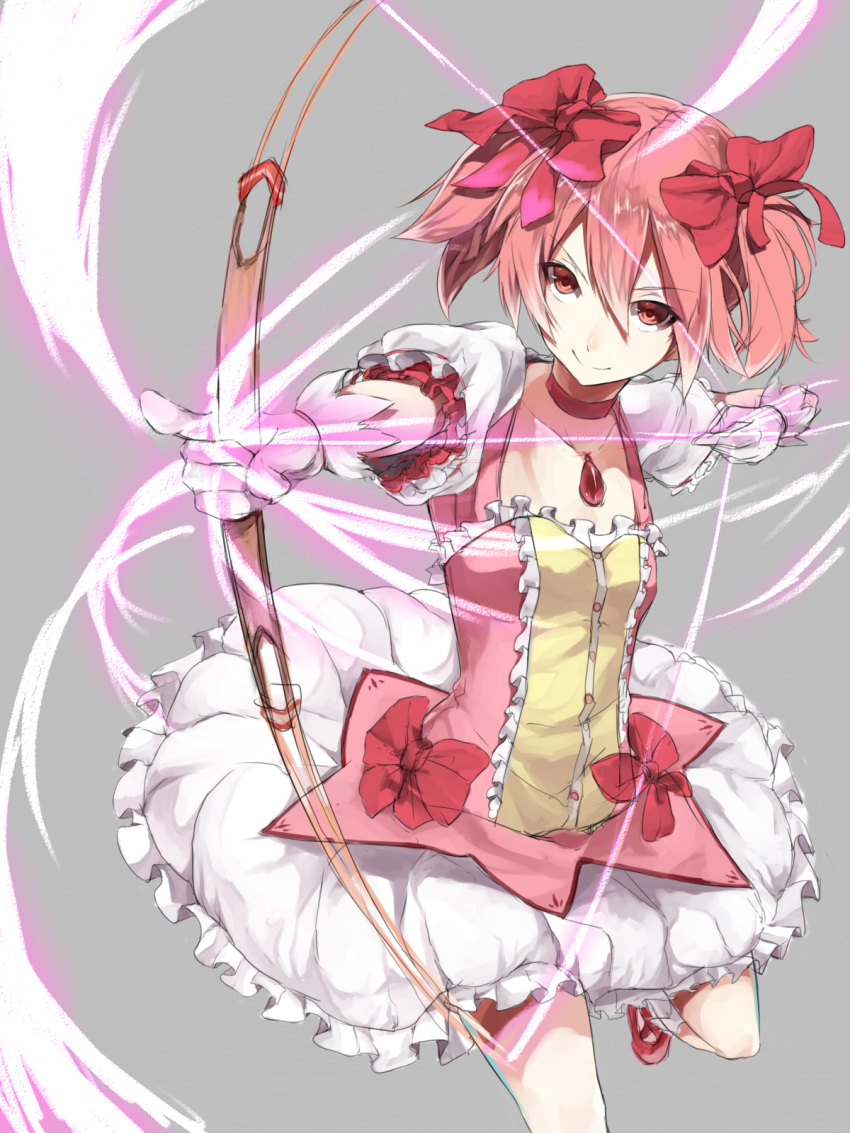 bow, bow_(weapon), choker, dress, frills, gem, gloves, hair_ribbon, high_res, highres, kame^^, kaname_madoka, magical_girl, mahou_shoujo_madoka_magica, pink_eyes, pink_hair, pointing, ribbon, short_hair, short_twintails, smile, solo, twintails, weapon, white_gloves