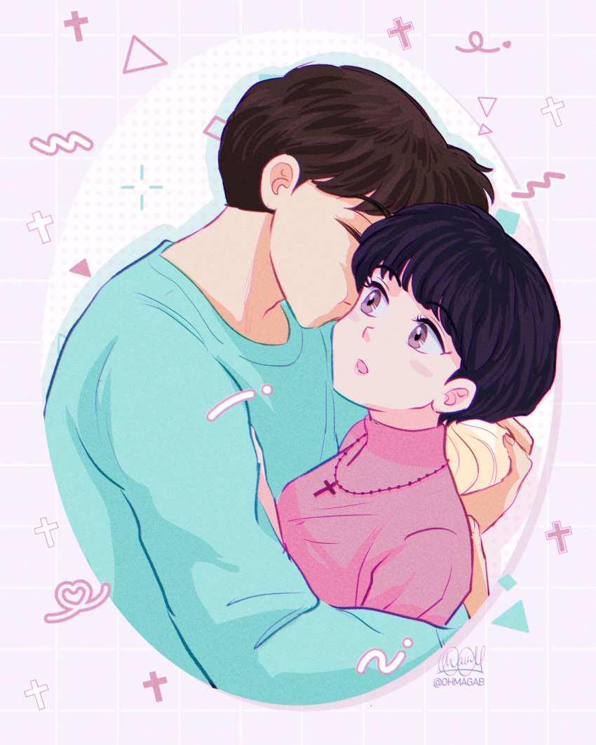 1_pound_no_fukuin, 1boy, 1girl, :o, absurdres, black_hair, blue_sweater, blush_stickers, brown_hair, closed_eyes, closed_mouth, commentary_request, cross, cross_necklace, hanataka_kosaku, hetero, highres, jewelry, kiss, kissing_cheek, necklace, ohmagaby, open_mouth, pink_shirt, shirt, short_hair, sister_angela, spanish_commentary, sweater, violet_eyes