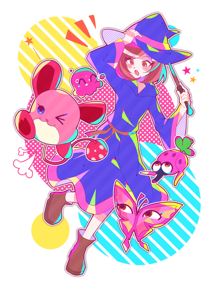 >_o, 1girl, :o, ;3, ^_^, absurdres, blue_hat, blue_robe, blush, blush_stickers, boots, brown_boots, brown_eyes, brown_hair, closed_eyes, closed_mouth, commentary_request, eyelashes, hand_on_headwear, hat, highres, holding, holding_wand, long_sleeves, mage_(miitopia), mii_(nintendo), miitopia, mouse_(animal), mouse_(miitopia), notice_lines, one_eye_closed, open_mouth, outline, peach_jelly_(miitopia), pink_eyes, rikka_natsu_27, robe, rock_moth_(miitopia), short_hair, slime_(creature), smile, star_(symbol), tasty_snurp_(miitopia), wand, white_outline, witch_hat