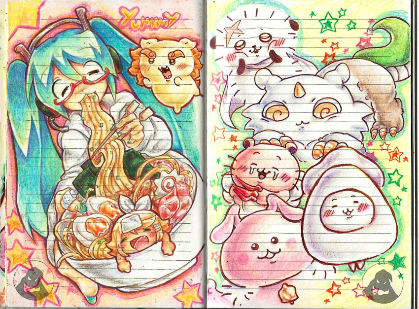 2girls, anoko_(chiikawa), artist_logo, chiikawa, chiikawa_(character), chimera, chimera_(chiikawa), chopsticks, eating, food, hatsune_miku, kagamine_rin, lennardo_(grim_the_end), logo, multiple_girls, natural_(module), noodles, rabbit, rakko_(chiikawa), shisa_(chiikawa), star_(sky), traditional_media, vocaloid