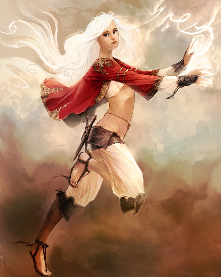 alternate_costume, belly_chain, breasts, capri_pants, dagger, elika, jewelry, knee_pads