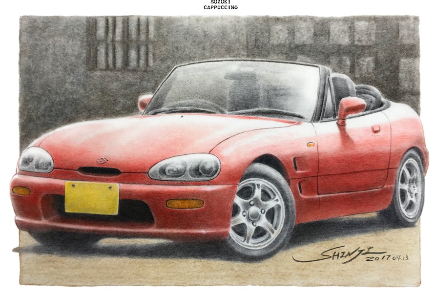 border, building, car, colored_pencil_(medium), commentary_request, convertible, dated, kei_car, motor_vehicle, no_humans, original, outdoors, outside_border, red_car, shin_iroenpitsu, signature, sports_car, suzuki_(company), suzuki_cappuccino, traditional_media, vehicle_focus, white_border