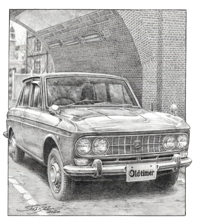 bridge, building, car, commentary_request, dated, graphite_(medium), greyscale, highres