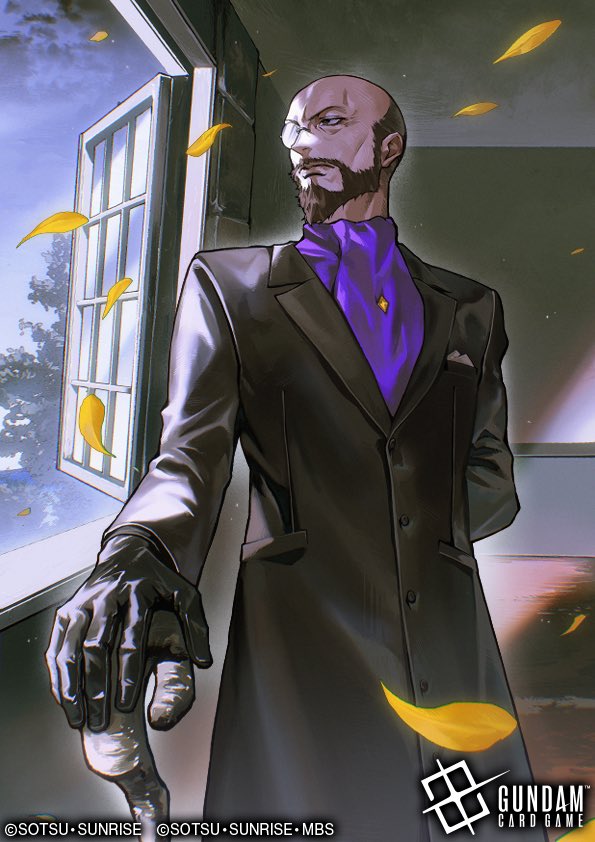 1boy, aeolia_schenberg, balding, beard, black_gloves, black_hair, commentary, company_name