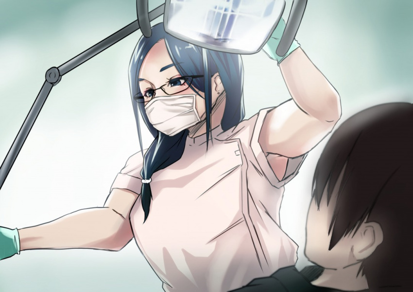 0odrosselo0, 1boy, 1girl, black_hair, commentary_request, dentist, disposable_gloves, earrings