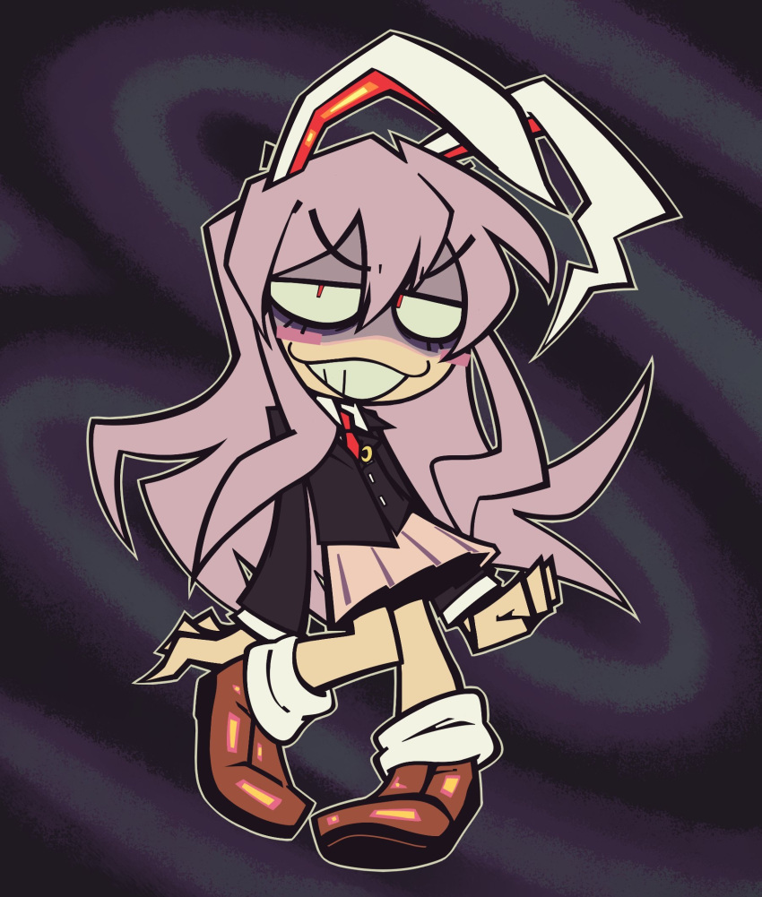 1girl, animal_ears, bags_under_eyes, blush_stickers, chibi, highres, long_hair, looking_at_viewer, pink_skirt, purple_hair, rabbit_ears, rabbit_girl, red_eyes, reisen_udongein_inaba, skirt, solo, suit, touhou, vaikazz, violet_eyes