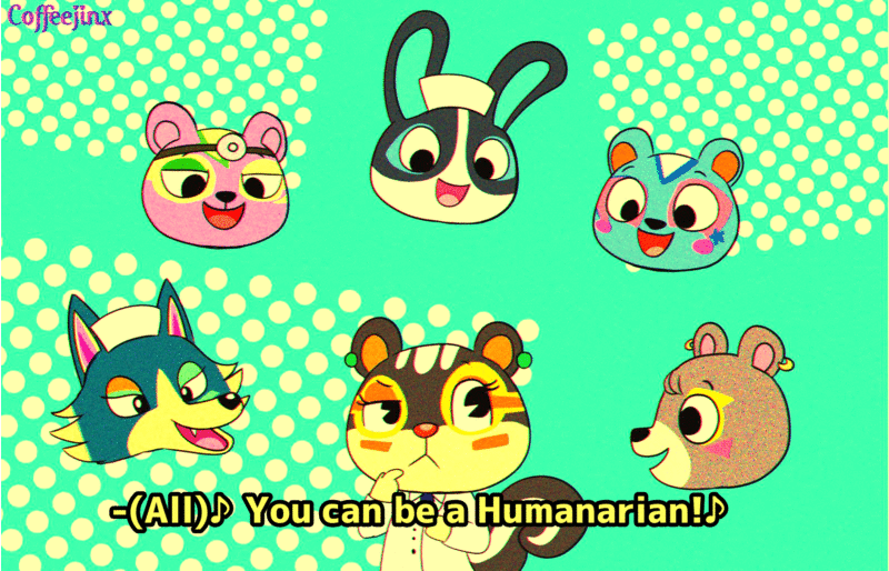 1980s_(style), 1980s_fashion, 3boys, 3girls, animal_crossing, animated, animated_gif, artist_name, bear_cub, blaire_(animal_crossing), coffeejinx, commentary, crossover, doctor, dotty_(animal_crossing), english_commentary, epilepsy_warning, filbert_(animal_crossing), hat, littlest_pet_shop, littlest_pet_shop_(2012), multiple_boys, multiple_girls, nurse, nurse_cap, olive_(animal_crossing), parody, rabbit, retro_artstyle, squirrel, static_(animal_crossing), stethoscope, wolf, wolfgang_(animal_crossing)