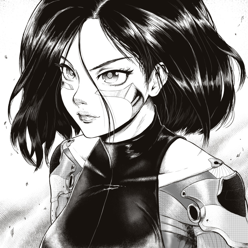 1girl, absurdres, alita, battle_angel_alita, bodysuit, commentary, cyborg, english_commentary