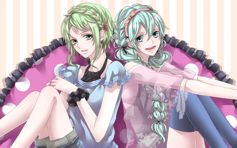 aqua_eyes, aqua_hair, braid, gamu, green_eyes, green_hair, gumi, hairband