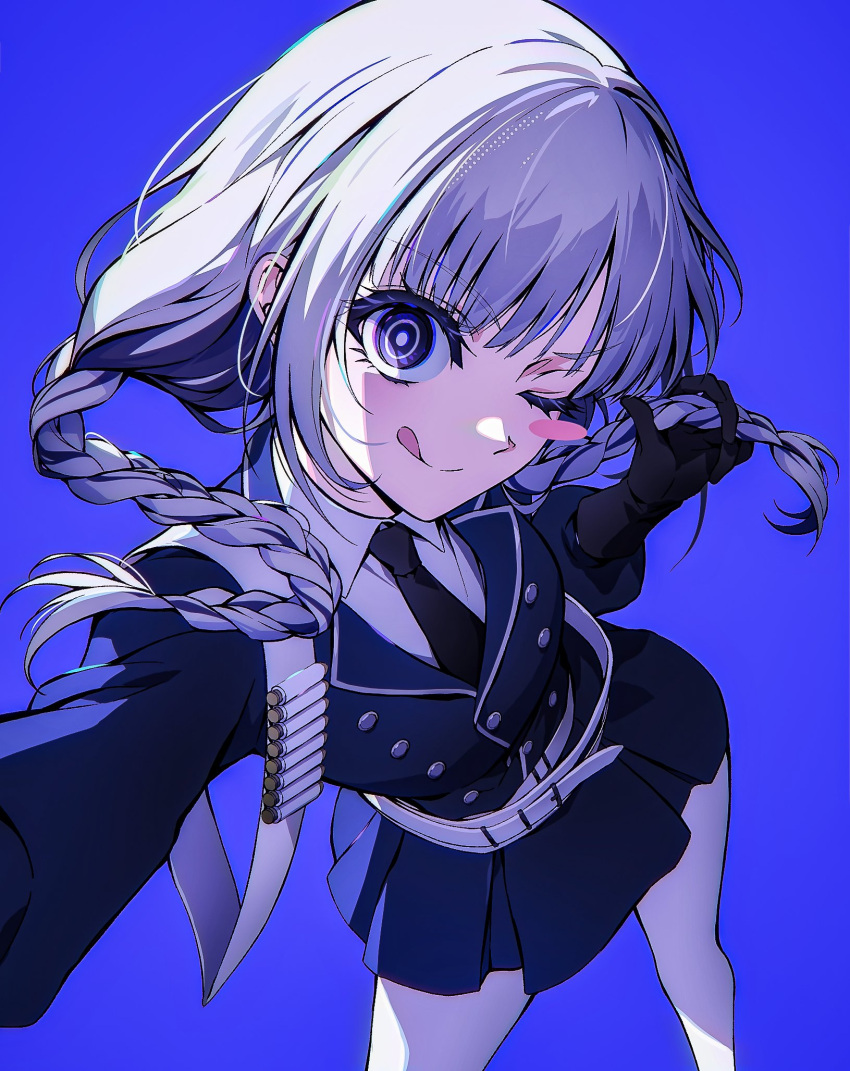 1girl, belt, black_gloves, black_necktie, blue_background, blue_coat, blue_dress, blue_jacket