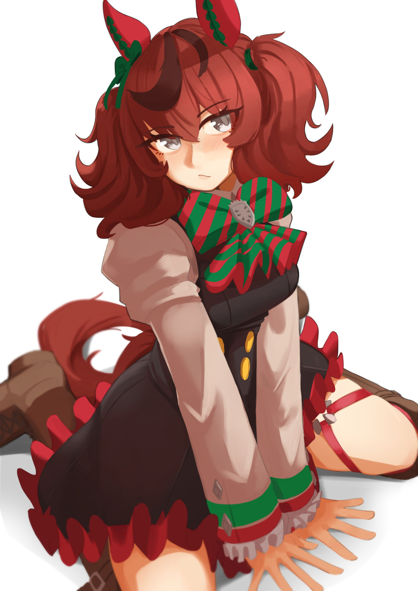 1girl, absurdres, animal_ears, black_dress, blush, boots, bow, bowtie, breasts, brown_boots, brown_eyes, brown_hair, closed_mouth, diagonal-striped_bow, dress, ear_bow, ear_covers, ear_ribbon, green_bow, green_bowtie, grey_eyes, highres, horse_ears, horse_girl, horse_tail, juliet_sleeves, long_sleeves, looking_at_viewer, maishtar_colo, medium_breasts, medium_hair, multicolored_hair, nice_nature_(poinsettia_ribbon)_(umamusume), nice_nature_(umamusume), o-ring, o-ring_thigh_strap, pinafore_dress, puffy_sleeves, red_hair, shirt, sitting, sleeveless, sleeveless_dress, solo, streaked_hair, striped_bow, striped_bowtie, striped_clothes, tail, thigh_strap, twintails, umamusume, wariza, white_background