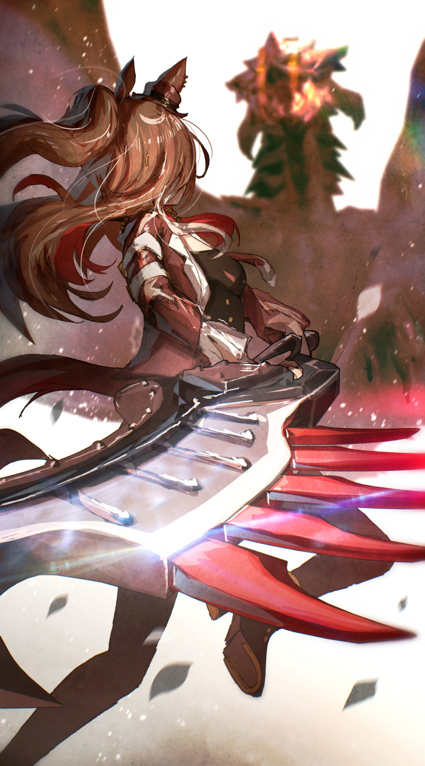 1girl, absurdres, advarcher, animal_ears, black_thighhighs, brown_hair, chain_necktie, commentary