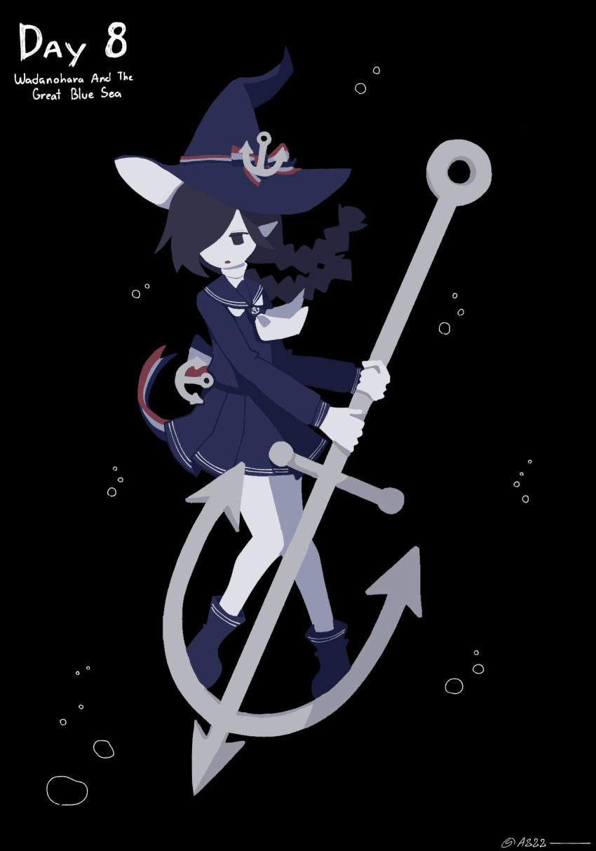 1girl, anchor, awawah88, back_bow, black_background, black_eyes, blue_boots, blue_bow
