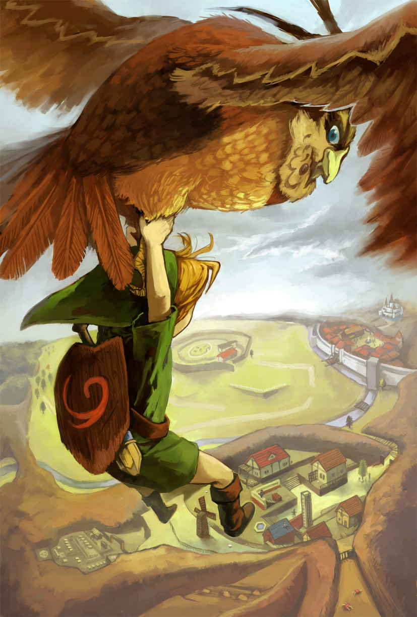 1boy, bird, blonde_hair, boots, castle, day, flying, highres