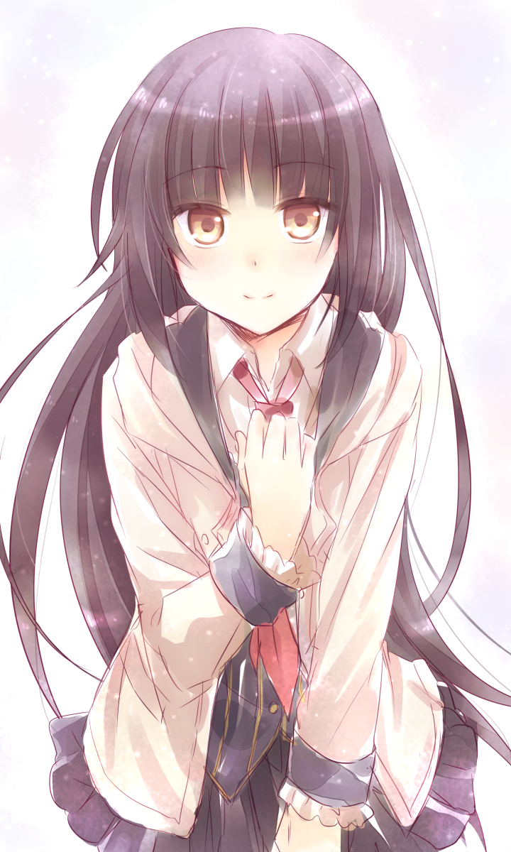 1girl, akiba's_trip, black_hair, black_skirt, black_vest, blunt_bangs, blush, brown_eyes