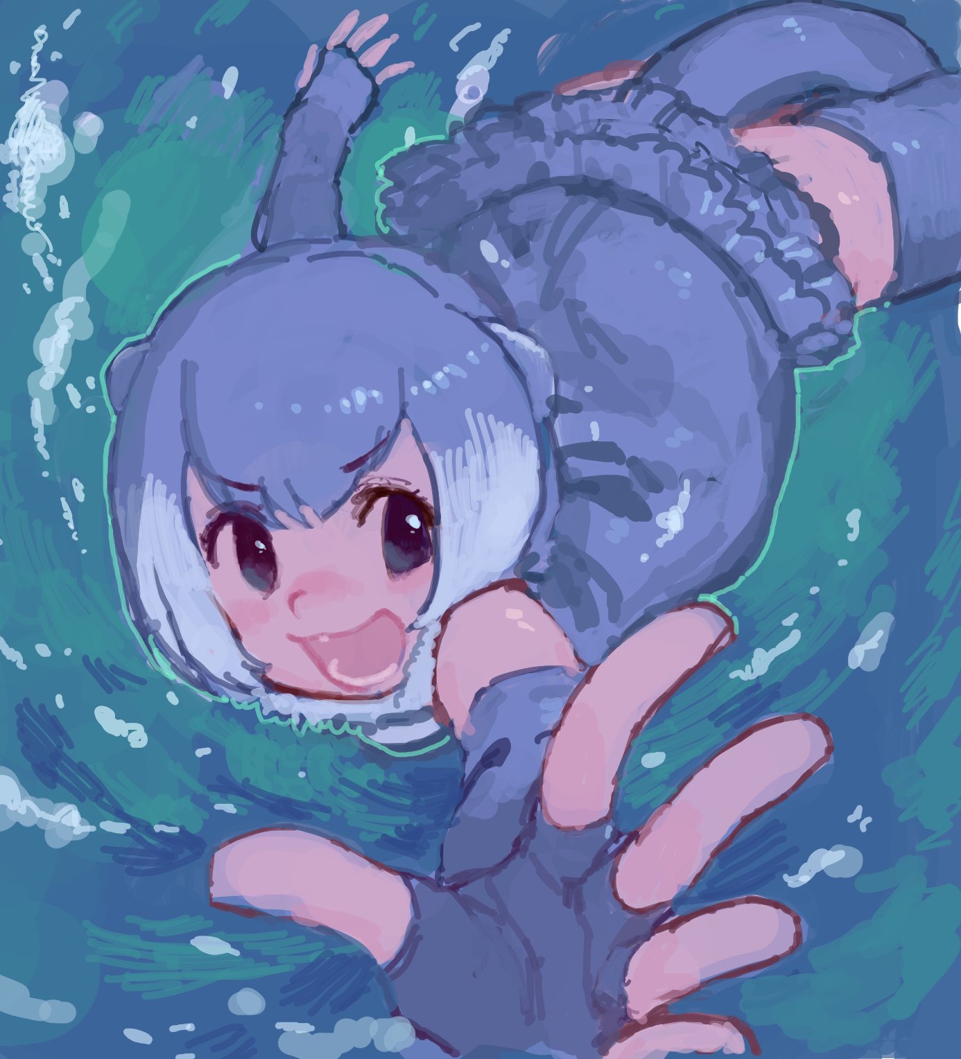 1girl, :d, air_bubble, animal_ears, bare_shoulders, blush, bubble, commentary_request, elbow_gloves, fingerless_gloves, frilled_one-piece_swimsuit, frills, fur_collar, gloves, grey_gloves, grey_hair, grey_tail, grey_thighhighs, handsdsds, highres, kemono_friends, looking_at_viewer, multicolored_hair, one-piece_swimsuit, open_mouth, otter_ears, otter_tail, outstretched_arm, outstretched_hand, reaching, reaching_towards_viewer, short_hair, small-clawed_otter_(kemono_friends), smile, solo, spread_fingers, submerged, swimming, swimsuit, tail, thigh-highs, two-tone_hair, underwater, v-shaped_eyebrows, water, white_hair