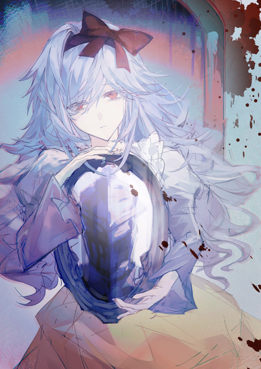 absurdres, black_souls, blood, blood_splatter, blue_hair, blue_shirt, bow, dress