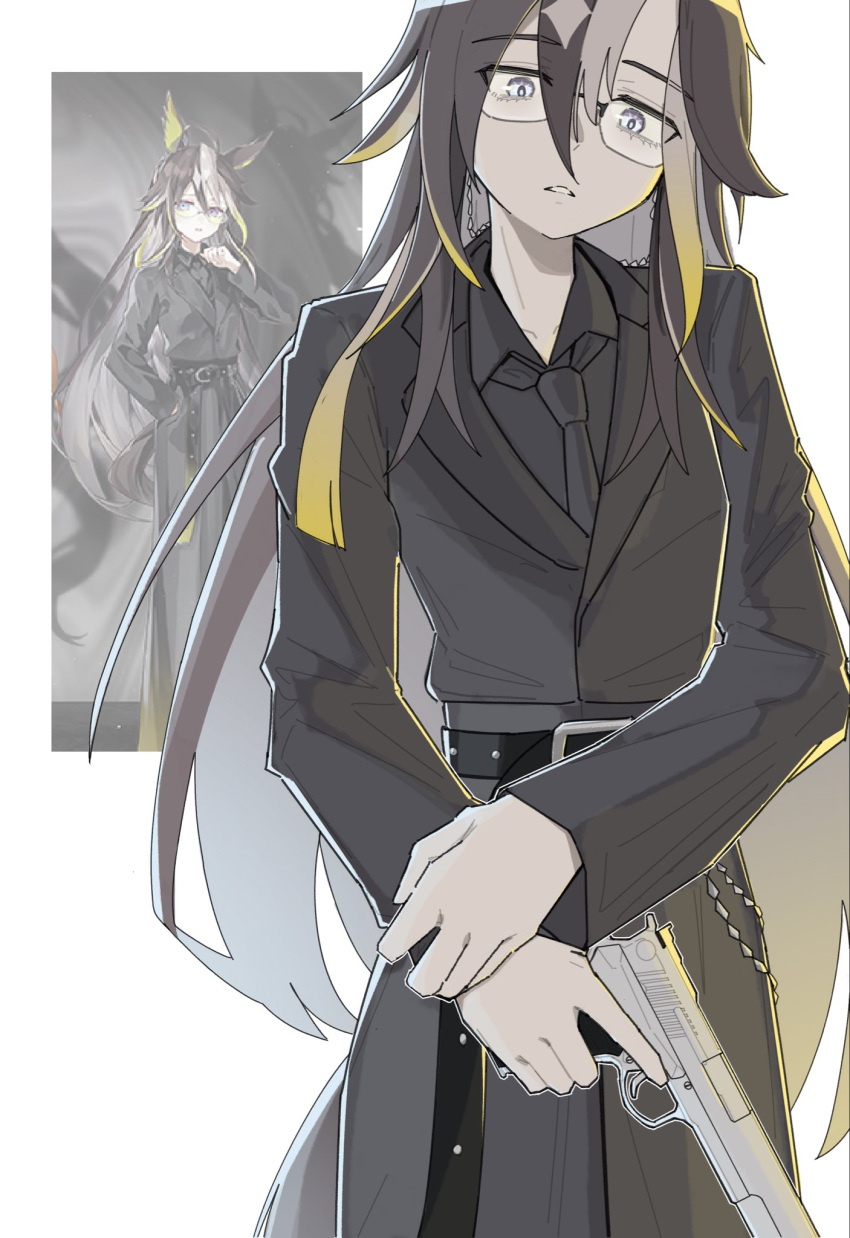 amoncheeto, animal_ears, belt, black-framed_eyewear, black_belt, black_coat, black_jacket, black_necktie