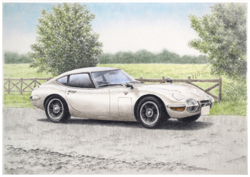 border, car, colored_pencil_(medium), commentary_request, day, fence, highres, motor_vehicle