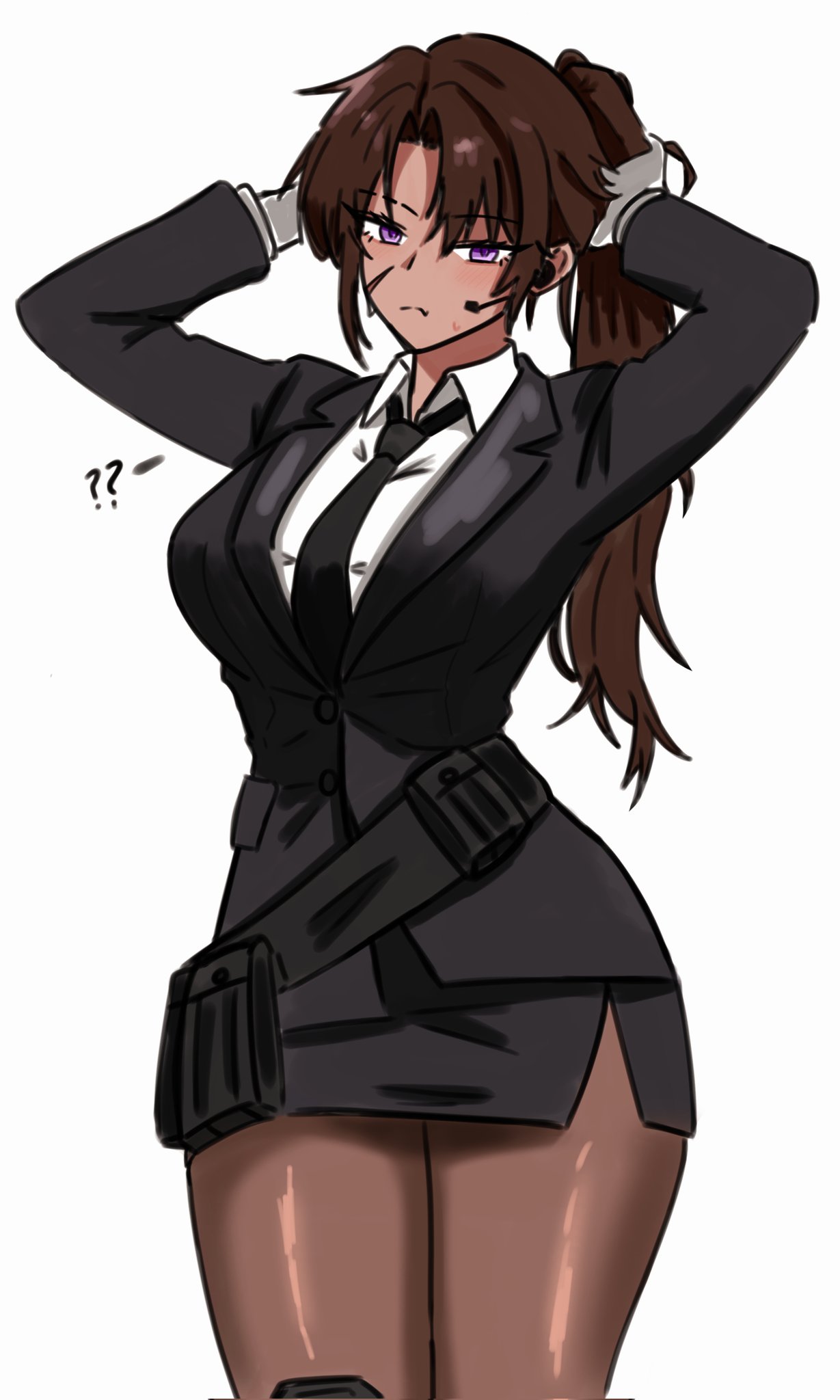 1girl, ?, ??, adjusting_hair, belt_pouch, black_jacket, black_necktie, black_skirt