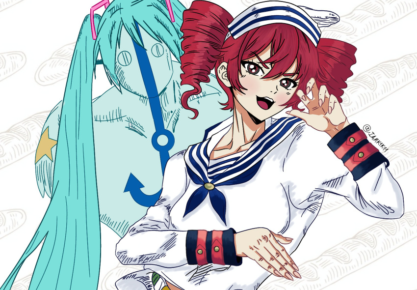 2girls, aqua_hair, baguette, blue_sailor_collar, blush, bread, commentary, cosplay, dixie_cup_hat, drill_hair, english_commentary, food, hair_between_eyes, hat, hatsune_miku, higashikata_josuke_(jojolion), higashikata_josuke_(jojolion)_(cosplay), highres, iamk1k11, jojo_no_kimyou_na_bouken, jojolion, kasane_teto, long_hair, military_hat, multiple_girls, open_mouth, red_eyes, red_hair, sailor_collar, sailor_shirt, shirt, soft_&amp;_wet, stand_(jojo), twin_drills, twintails, utau, very_long_hair, vocaloid, white_background, white_shirt