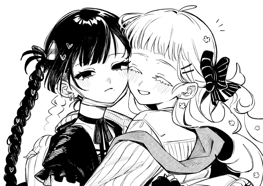 2girls, blush, bow, braid, cheek-to-cheek, closed_eyes, closed_mouth, ear_blush, fern_(num), frilled_sleeves, frills, gingham_bow, gingham_clothes, greyscale, grin, hair_bow, hair_ornament, heads_together, heart, heart_hair_ornament, highres, jacket, long_hair, looking_at_viewer, mask, mask_pull, meena_(num), monochrome, mouth_mask, multiple_girls, neck_ribbon, notice_lines, num_(angrynum), original, parted_bangs, ribbon, smile, striped_bow, twin_braids, upper_body, wispy_bangs, yuri