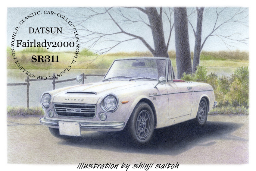 artist_name, bare_tree, border, car, colored_pencil_(medium), commentary_request, convertible, datsun, datsun_2000_roadster, day, fence, highres, motor_vehicle, nissan, nissan_fairlady, no_humans, original, outdoors, river, shadow, shin_iroenpitsu, traditional_media, tree, vehicle_focus, vehicle_name, white_border, white_car, wooden_fence