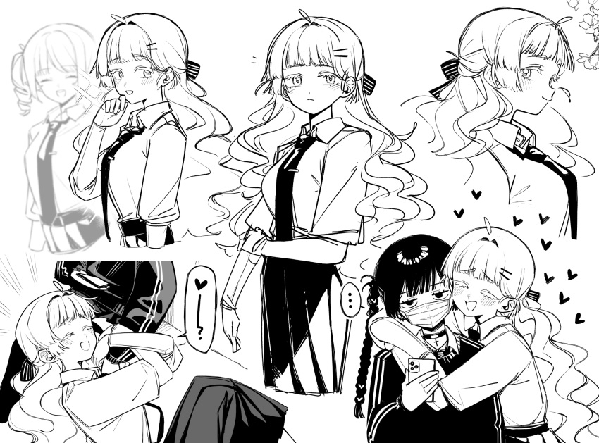 ..., 2girls, 3girls, ahoge, arm_hug, arms_around_neck, belt, blush, bow, braid, breasts, cellphone, closed_eyes, closed_mouth, collared_shirt, commentary, copyright_notice, cross_pendant, emphasis_lines, fern_(num), greyscale, hair_bow, heart, highres, holding, holding_phone, hug, jitome, lap_pillow, long_hair, lying, mask, medium_breasts, meena_(num), monochrome, mouth_mask, multiple_girls, multiple_views, necktie, num_(angrynum), on_side, open_mouth, original, phone, pleated_skirt, school_uniform, shirt, shirt_tucked_in, skirt, sleeves_rolled_up, smartphone, smile, sparkle, spoken_ellipsis, sweater, yuri