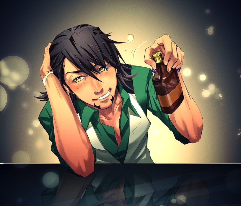 alcohol, bottle, brown_eyes, brown_hair, drunk, facial_hair, kaburagi_t_kotetsu, kyunen, male, necktie, reflection, short_hair, solo, stubble, tiger_&amp;_bunny, vest, waistcoat