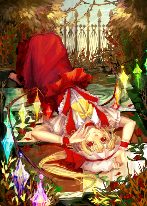 adapted_costume, ascot, blonde_hair, checkered, checkered_floor, flandre_scarlet, flower, hat