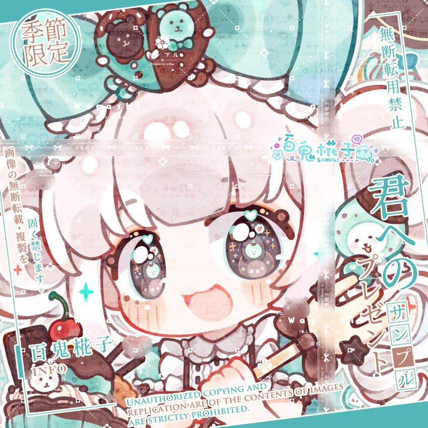 1girl, :3, :d, aqua_bow, aqua_dress, bai_gui_hua_zi, blonde_hair, bow