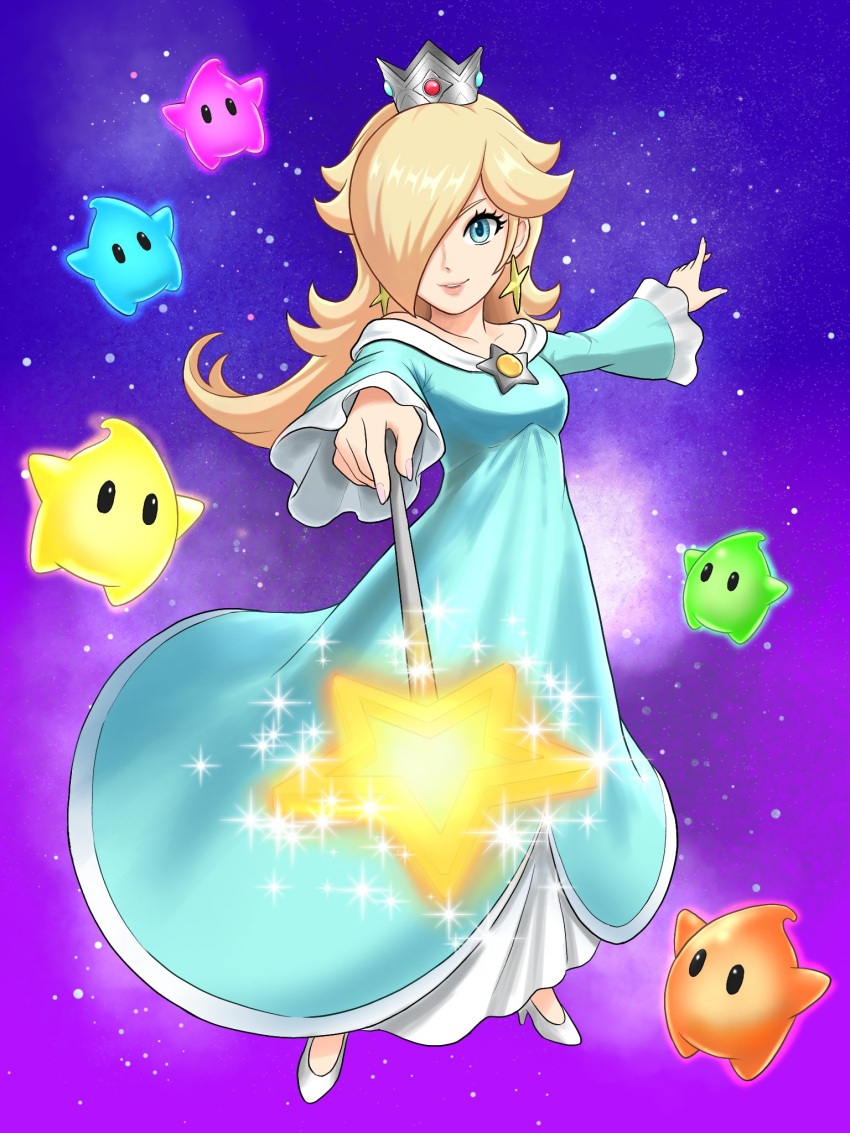 1girl, bare_shoulders, blonde_hair, blue_dress, blue_eyes, blue_luma, brooch, co-star_luma