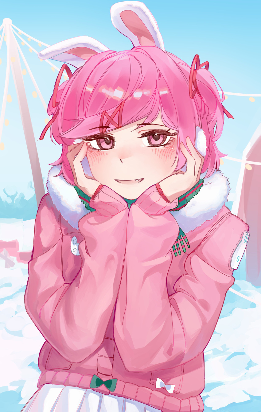1girl, absurdres, aegyo_sal, animal_ear_hairband, animal_ears, barn, blue_sky, blush