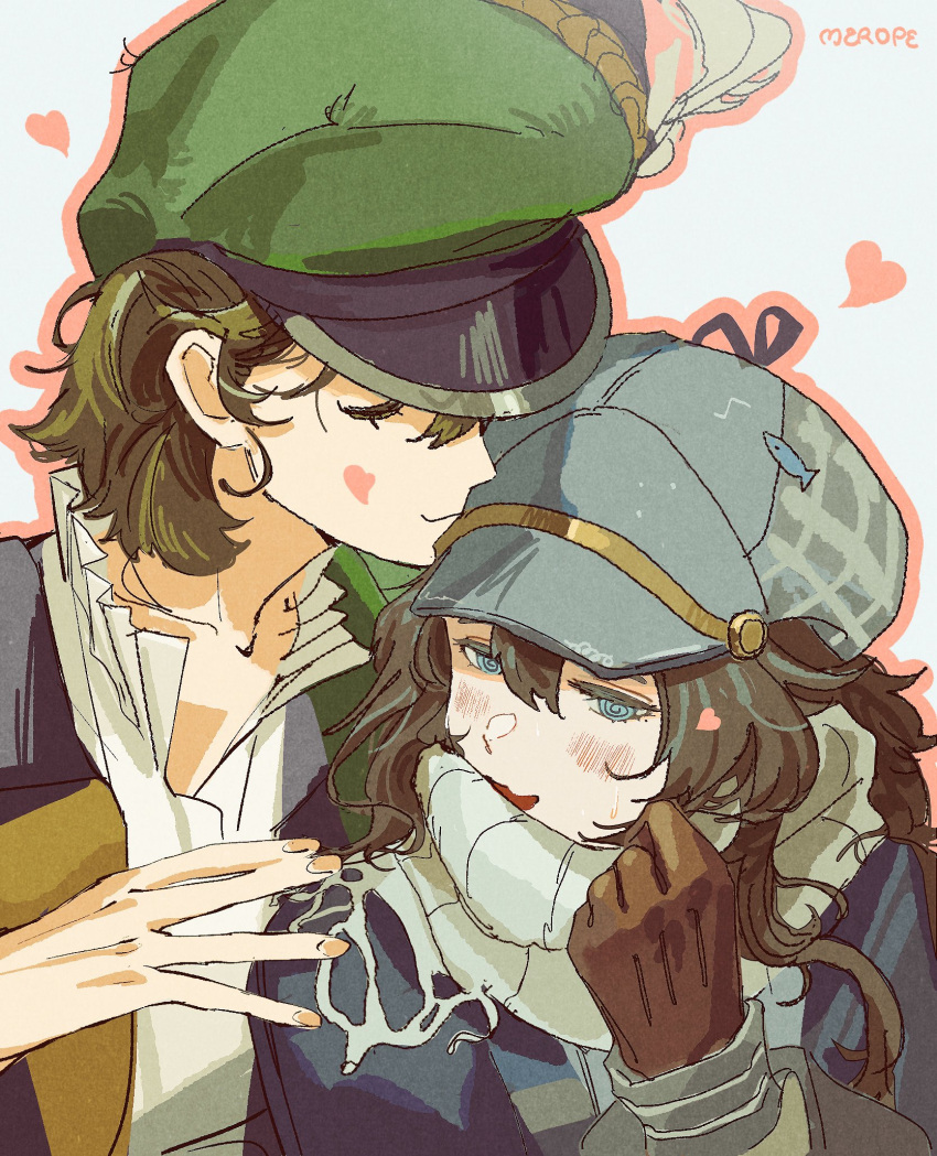 2girls, @_@, adjusting_scarf, black_vest, blue_eyes, blush, brown_coat, brown_gloves